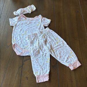 Petite Olive 3 piece Fruit & Flower Print Onesie, Pants & Headband - Bamboo